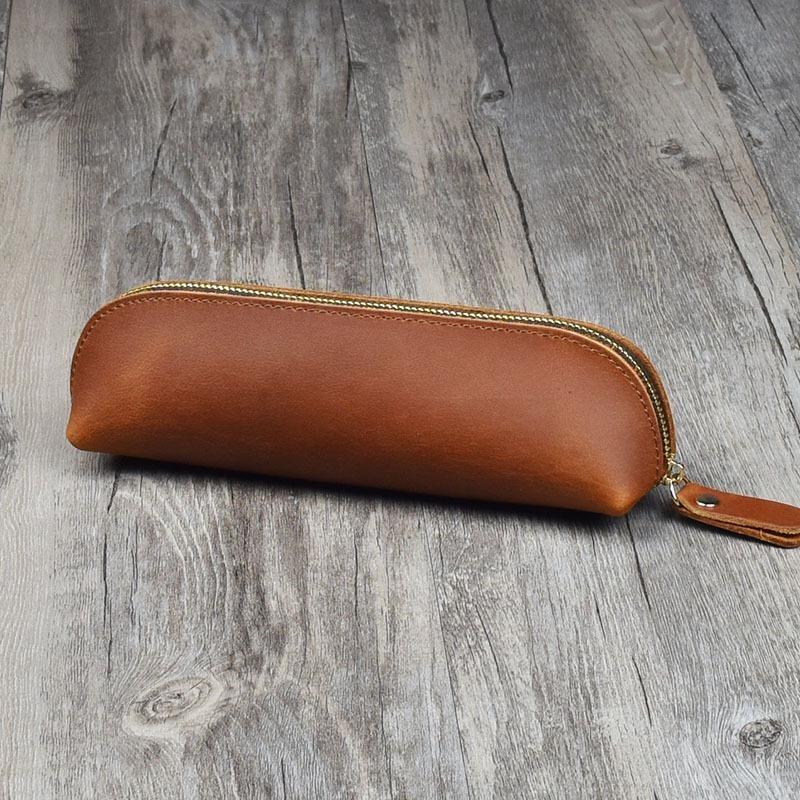 Vintage Leather Pencil Bag Simple Stationery Holder Pen Case Storage Bag Zipper Pencil Pouch Glasses Box School Supplies