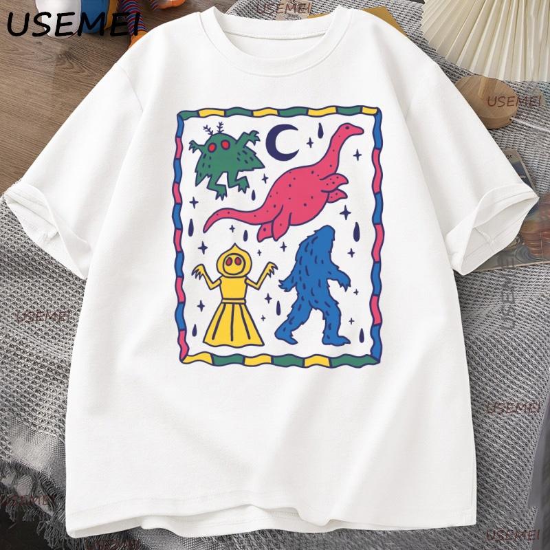 

Colorful Cryptids T Shirt Man Cute Animal Printed T Shirt Casual Cotton Round Neck Tops Harajuku Streetwear Clothes XL белый