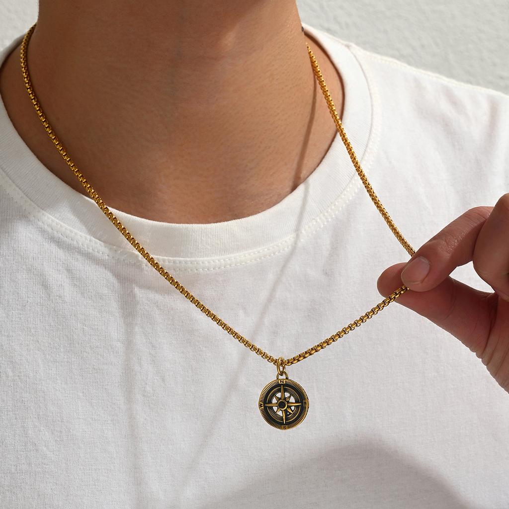 Vintage Compass Pendant Necklace Stainless Steel Disc Necklaces Gold Plated Anti Tarnish Chain Pendants  ALN25123178