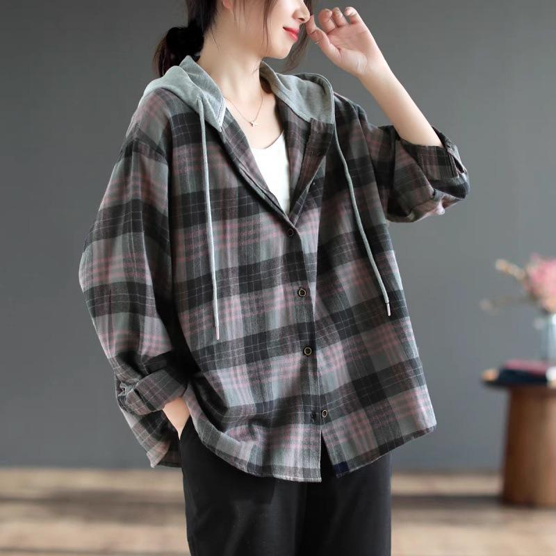 Autumn Japanese and Korean Single-breasted Plaid Brushed Long-sleeved Shirt Women's Casual Large Size Casual Hooded Shirt