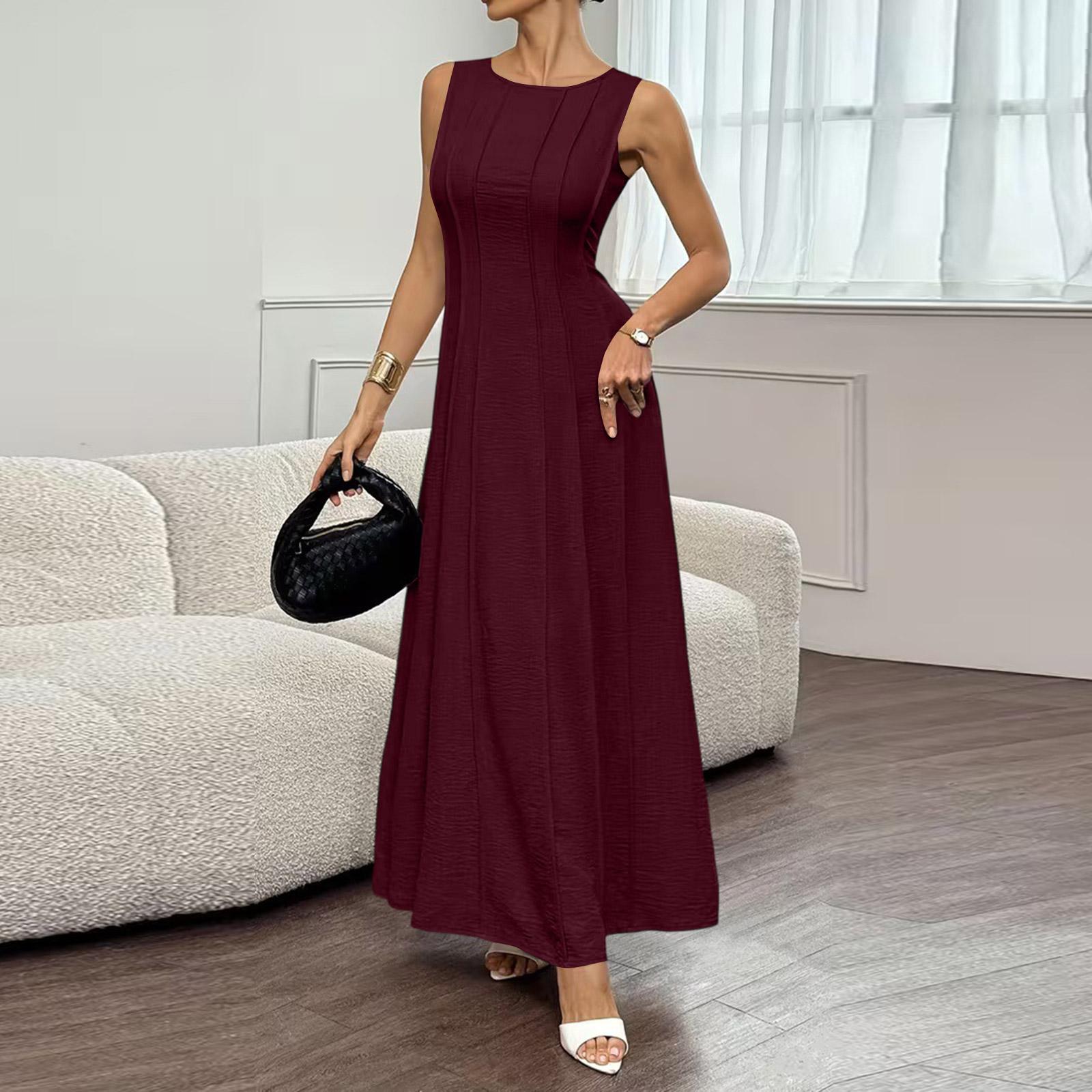 

Ladies Casual And Fashionable Sleeveless Pleated Elegant Long Dress XL винний