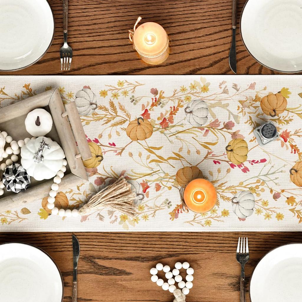 Artoid Mode Wildflowers Bloom Floral Pumpkin Leaves 210 GSM Fall Table Runner, Seasonal Autumn Kitchen Dining Table Decoration for Home Party Decor