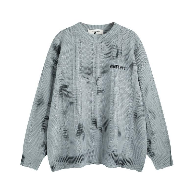 Oversized Cropped Knit Sweater With Distressed Hem Tie-Dye Unisex Streetwear