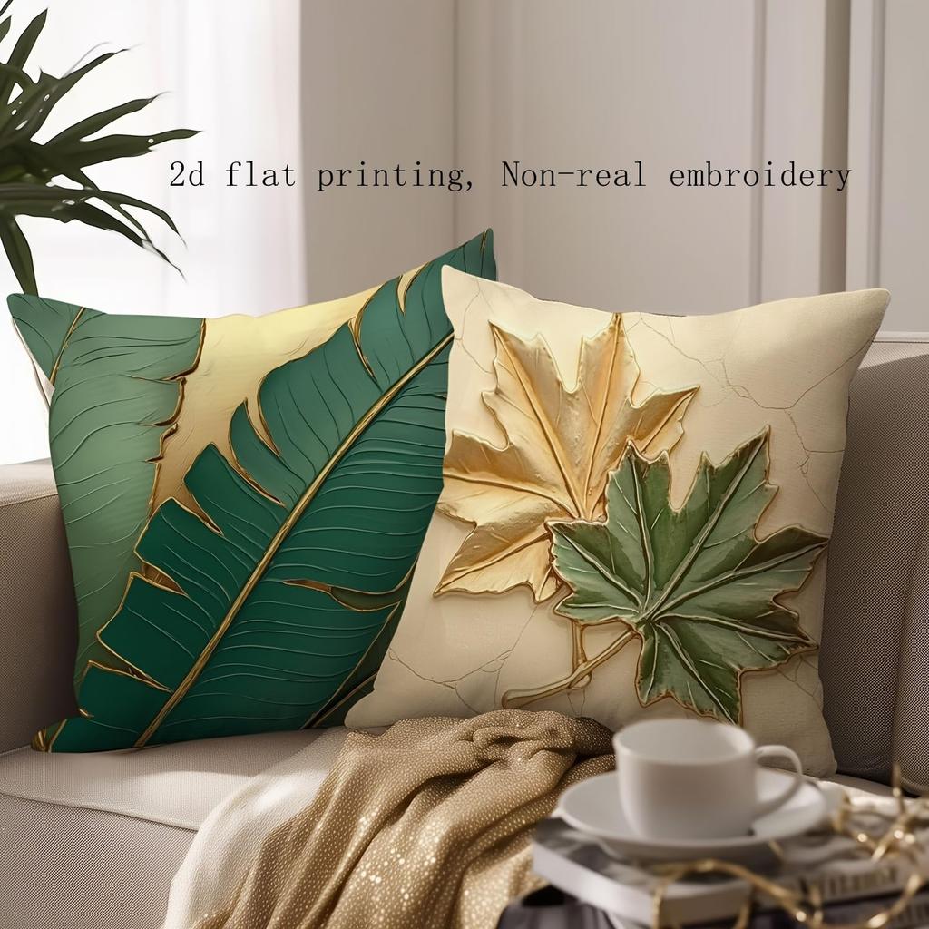 4 Pcs Double Sided Green Gold Leaf Cushion Covers, Luxury Botanical Geometric Throw Pillow Cases (No Inserts)