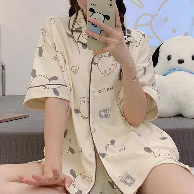 GMXIA High-quality Cotton-like Cute Cardigan Short-sleeved Student Pajamas for Women, Sweet Summer Style for Women's Home Wear