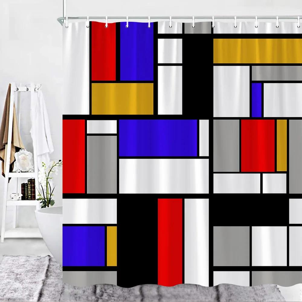Color Geometric Shower Curtain Set Mid Century Modern Retro Drop Shapes Abstract Art Bathroom Polyester Fabric Curtains Hooks