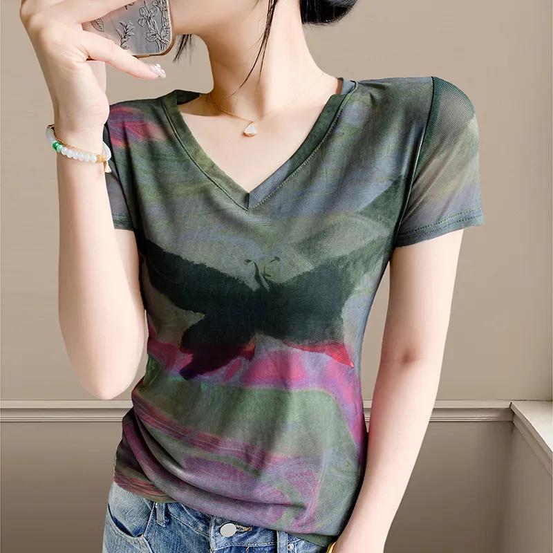

Women Butterfly Print Mesh V Neck Short Sleeve Slim Top S зелёный