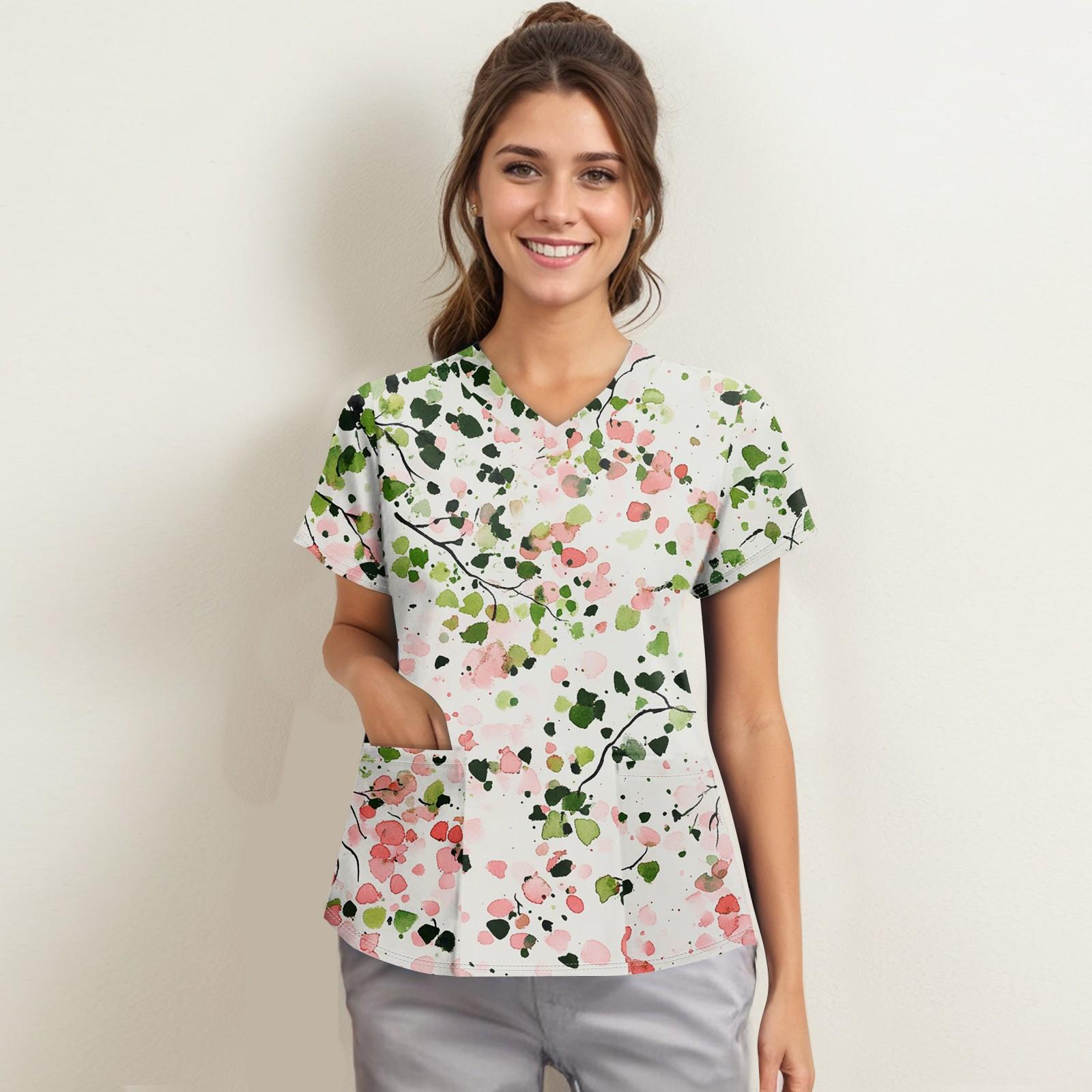 

Жіночий модний робочий одяг з V-подібним вирізом і короткими рукавами з принтованими кишенями S білий