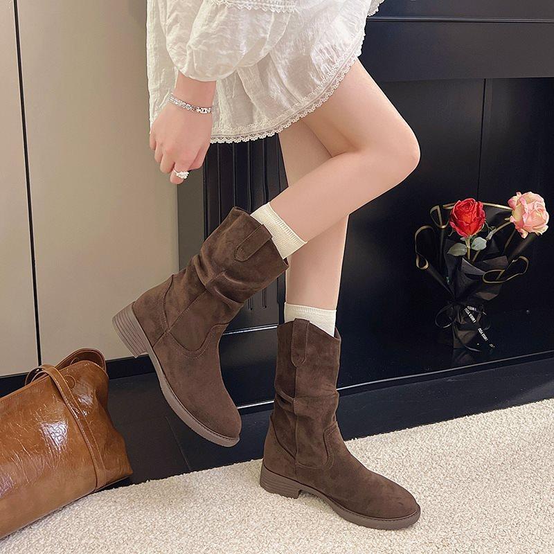 Martin Boots Short Boots Western Summer and Autumn Brown Denim Pile Women's Thick Heel High Heel Sichuan-Tibet Boots 2025 Medium Tube New