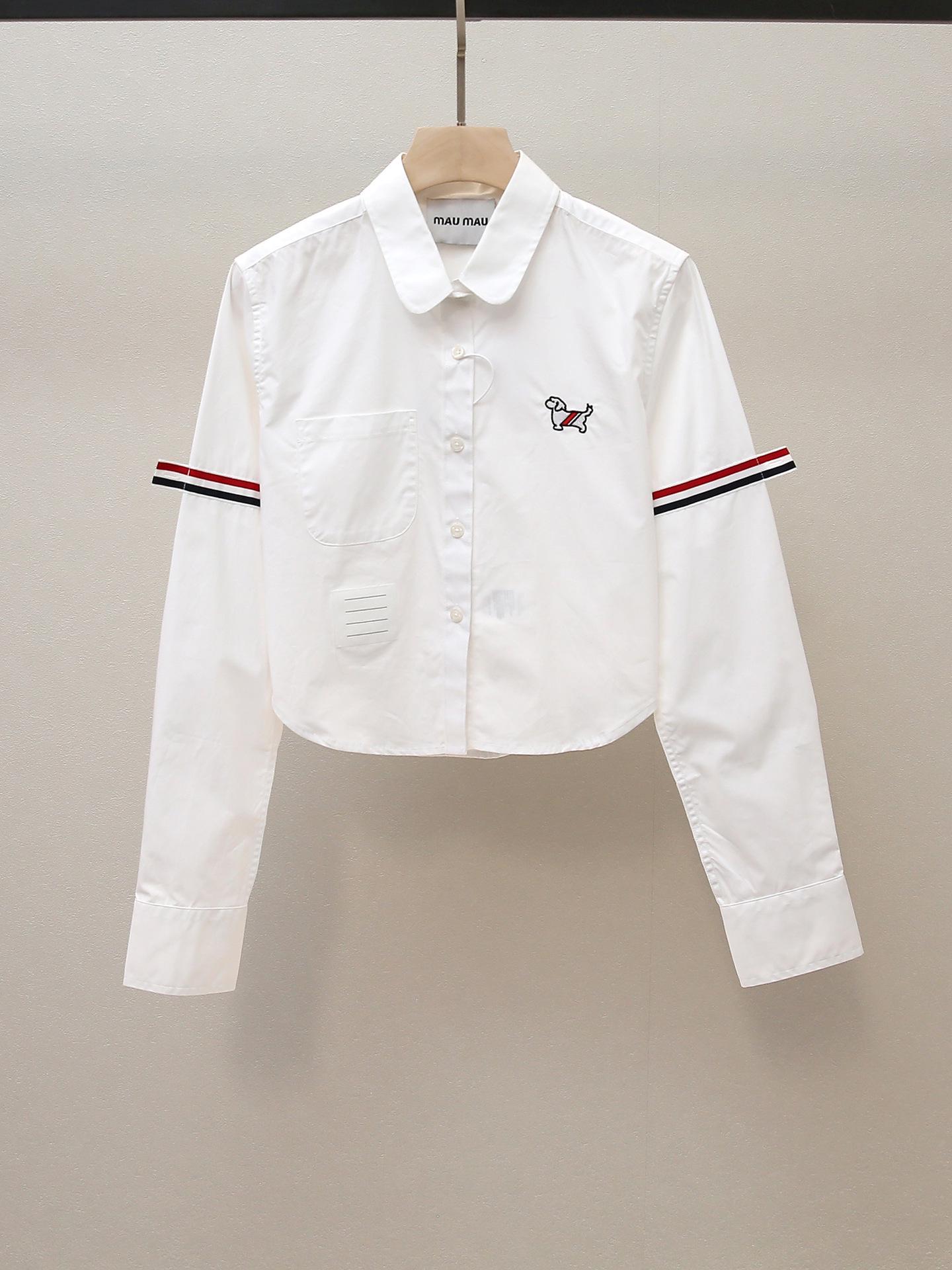 

Elegant Autumn Women s French Striped Embroidered Long Sleeve Shirt with Turn-Down Collar L белый