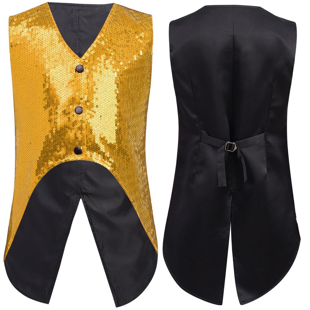 Boys Sparkly Sequin Vest Asymmetrical Hem Sleeveless Design for Parties Stage Events
