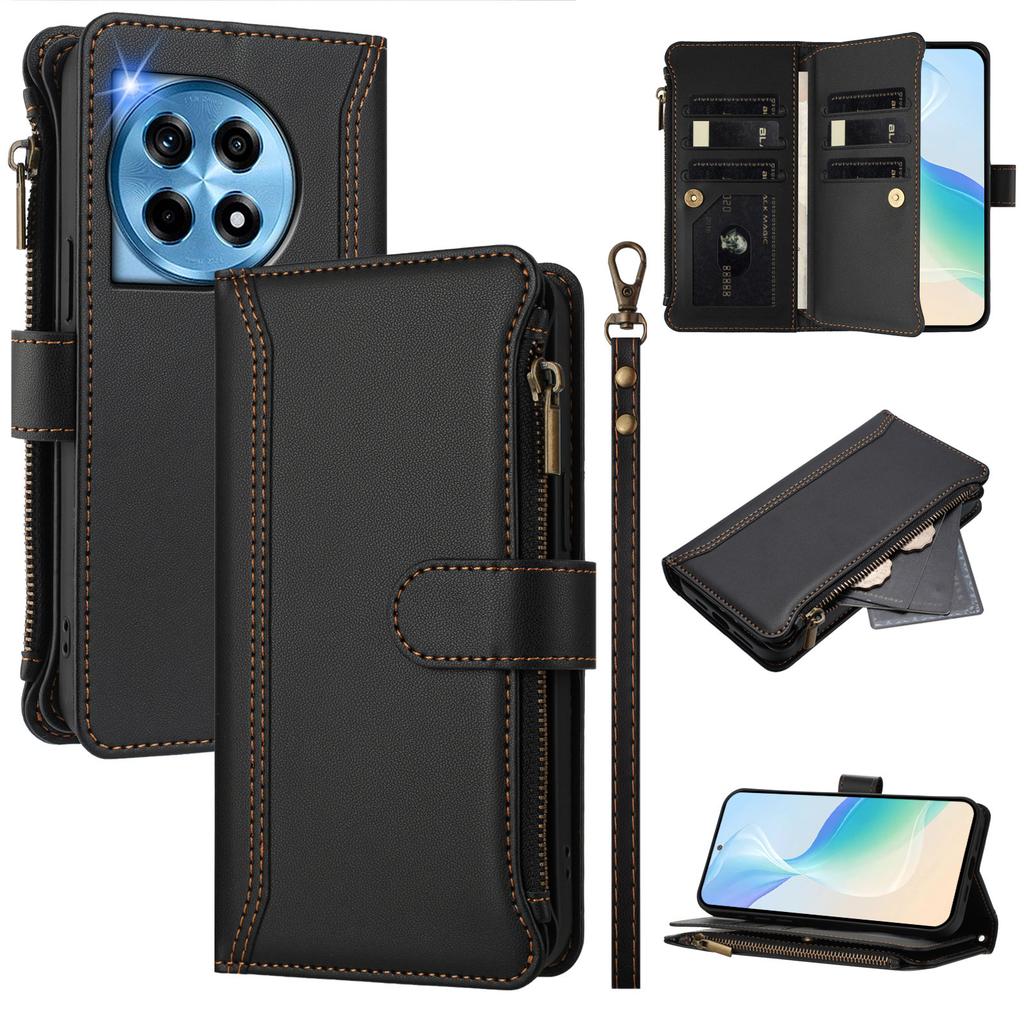 For OnePlus Ace 3 5G/OnePlus 12R 5G Leather Case 9 Card Slots Zipper Wallet Stand Phone Cover with Wrist Strap