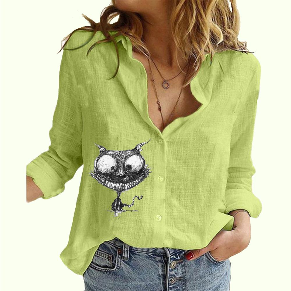 Women Fashion Buttoned Long Sleeve Shirt Ladies Casual Thin Cotton Linen Top Cat Print Long Sleeved Blouse