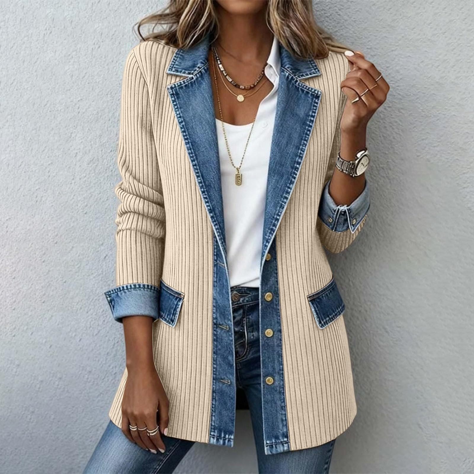 Lässige Damen-Patchwork-Jacke aus Denim-Strick mit Reverskragen für den Alltag S beige