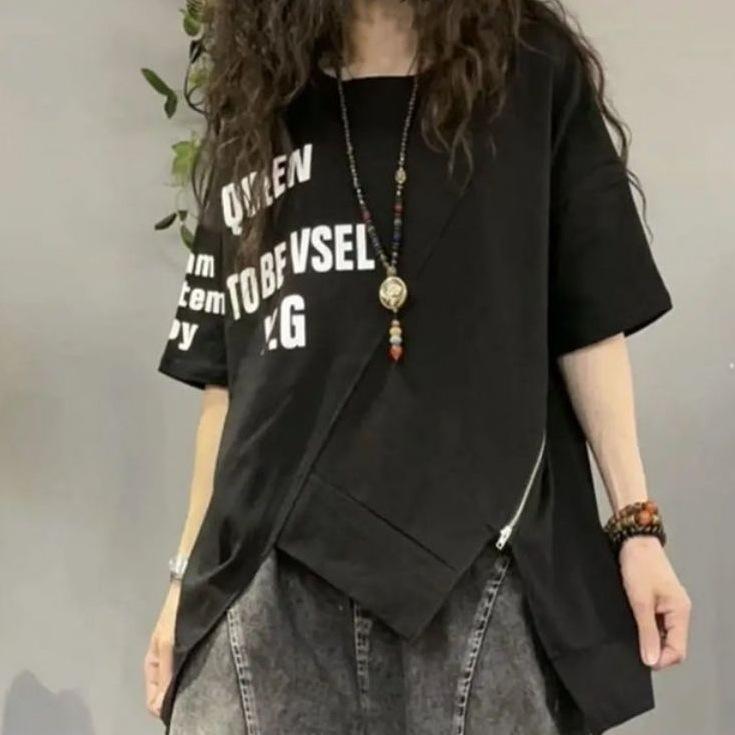 T-shirt Letni Nadruk Zamek Trend Nieregularny Krótki Rękaw Top Cienki Ins Uniwersalny Luźny Damska Odzież