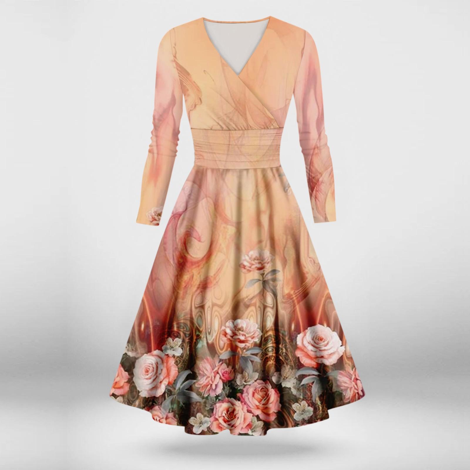 

Женское повседневное и модное сексуальное платье с v-образным вырезом и длинными рукавами с принтом M оранжевый