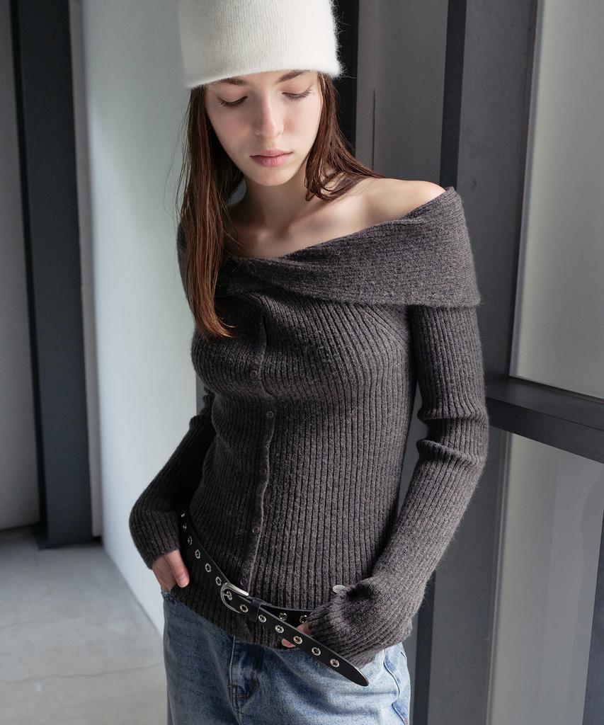 ROLAROLA Wool Blended Twist Button Off Shoulder Knit Charcoal