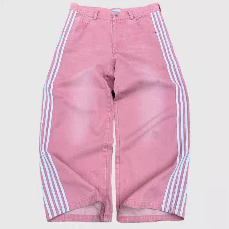Retro American Harajuku Striped Wide-Leg Jeans: Casual, Loose-Fit Street Style