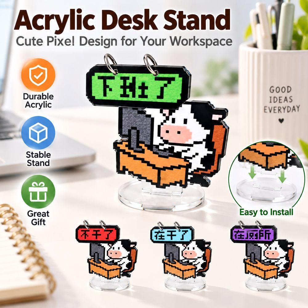 Pixel Cartoon Desk Flip Sign Acrylic Helps the Sign Stand Reversible Desk Plaque Work Desk Decor