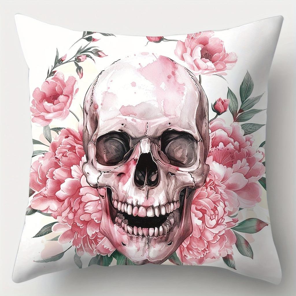 Watercolor Skulls With Floral Patterns Pillow Covers Pattern Cushion Cover Suitable For Sofa Bedroom Car Pillow Cover