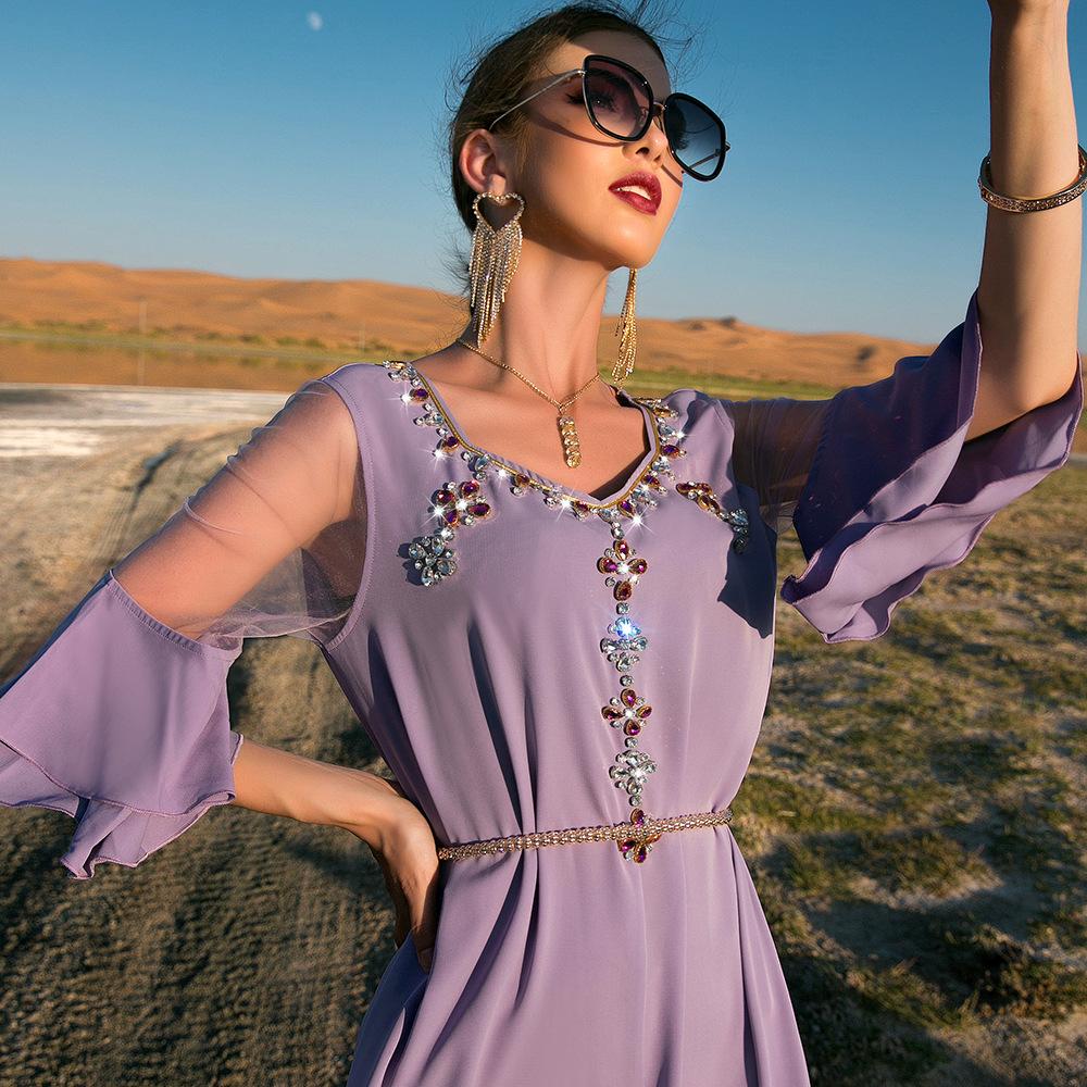 Khaki Ruffle Panel Mesh Slim Fit Elbise Dubai Müslüman Elbisesi