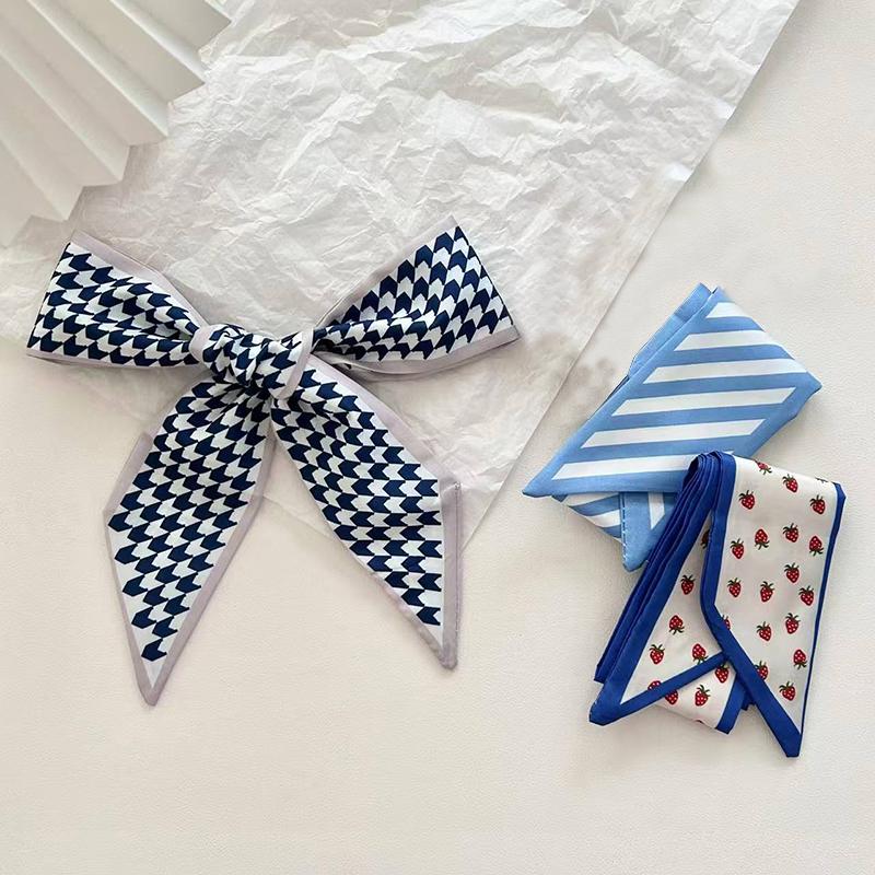 Damen Schmaler Langer Schal Druckmuster Chiffonseide Gummiband Schwarz Taschenband Stirnbänder Choker Streamer Haarband Kleiner Schal