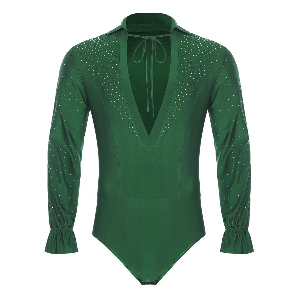 Mens Deep V Neck Long Sleeve Leotard Glitter Rhinestones Bodysuit Openable Crotch Latin Jazz Dance Ballet Costume