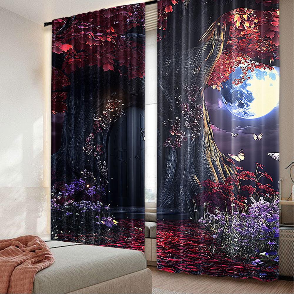 2Pcs Forest Curtain Dark Gothic Themed Scene With Magic Tree And Secret Cave Moon Suitable For Living Room And Bedroom