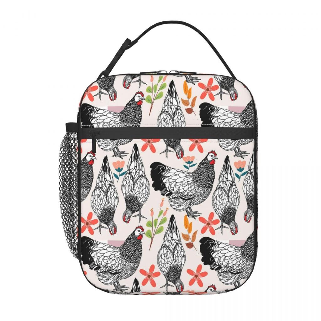 Schwarz-Weiß Hühnermuster Isolierte Lunchtasche für Damen Kinder Tragbar Lebensmittelboxen Thermische Lunchbox Tragetasche