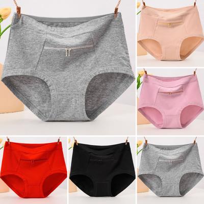 Women Underwear Anti-theft Zipper Pocket High Waist Seamless Stretch Breathable Cotton Middle-aged Mom Grandma Brief Panties Underpants