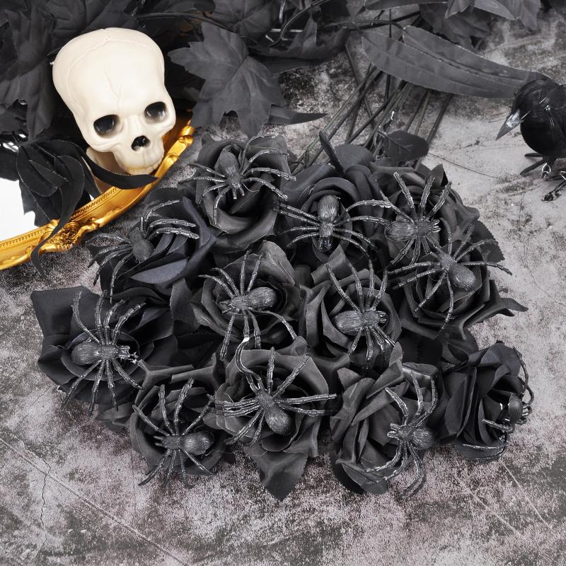 Halloween Spider Rose Creepy Flower Arrangement With Stems Scary Party Decoration Props For Haunted House Goth Home Decor