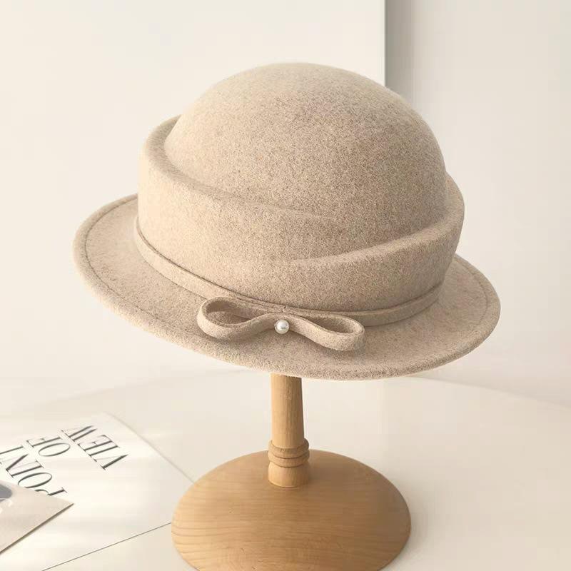 New 100% Wool Hat Bell Hat Women's French Elegant Retro Hepburn Autumn and Winter Celebrity Pearl Wool Felt Bucket Hat