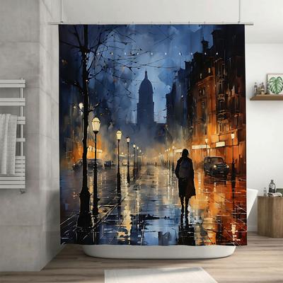 Rideau de Douche Scène de Nuit Romantique en Ville Imprimé Artistique Unique Décor de Salle de Bain Imperméable et Durable Design Art Moderne Facile à Nettoyer