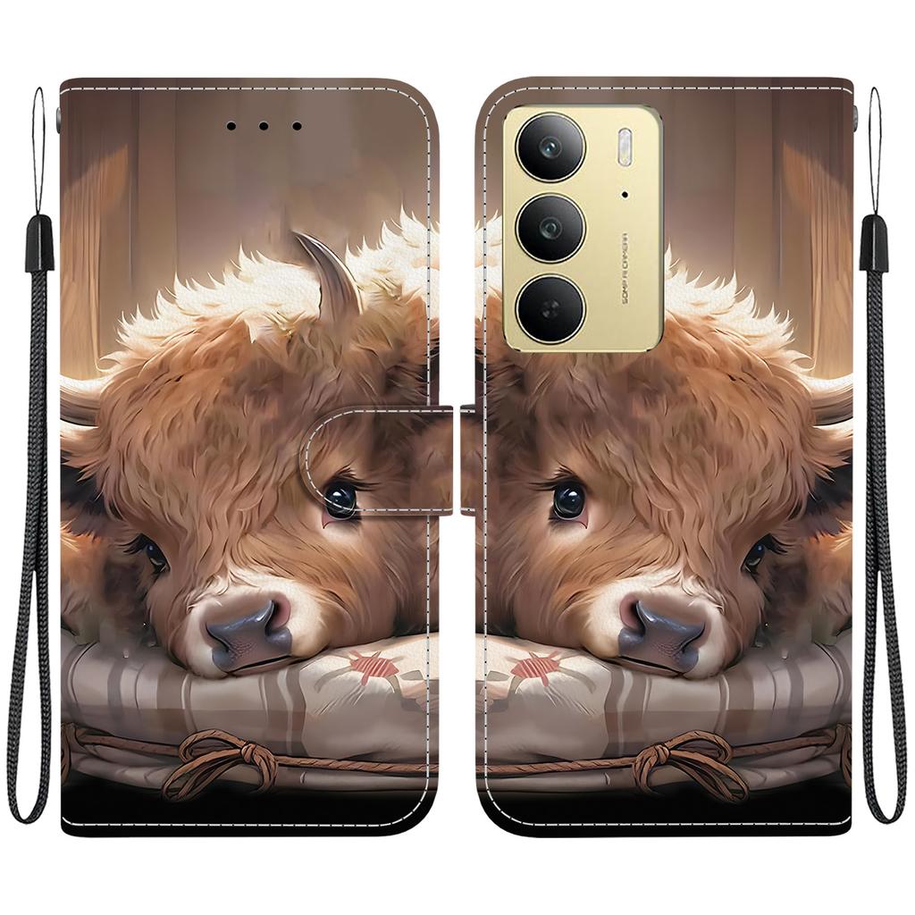 Ručně vyráběné PU kožené flipové pouzdro pro Realme C75 / Realme C75 4G Protiskluzový nárazuvzdorný kryt s poutkem na zápěstí a designy srdce/růže/kočka