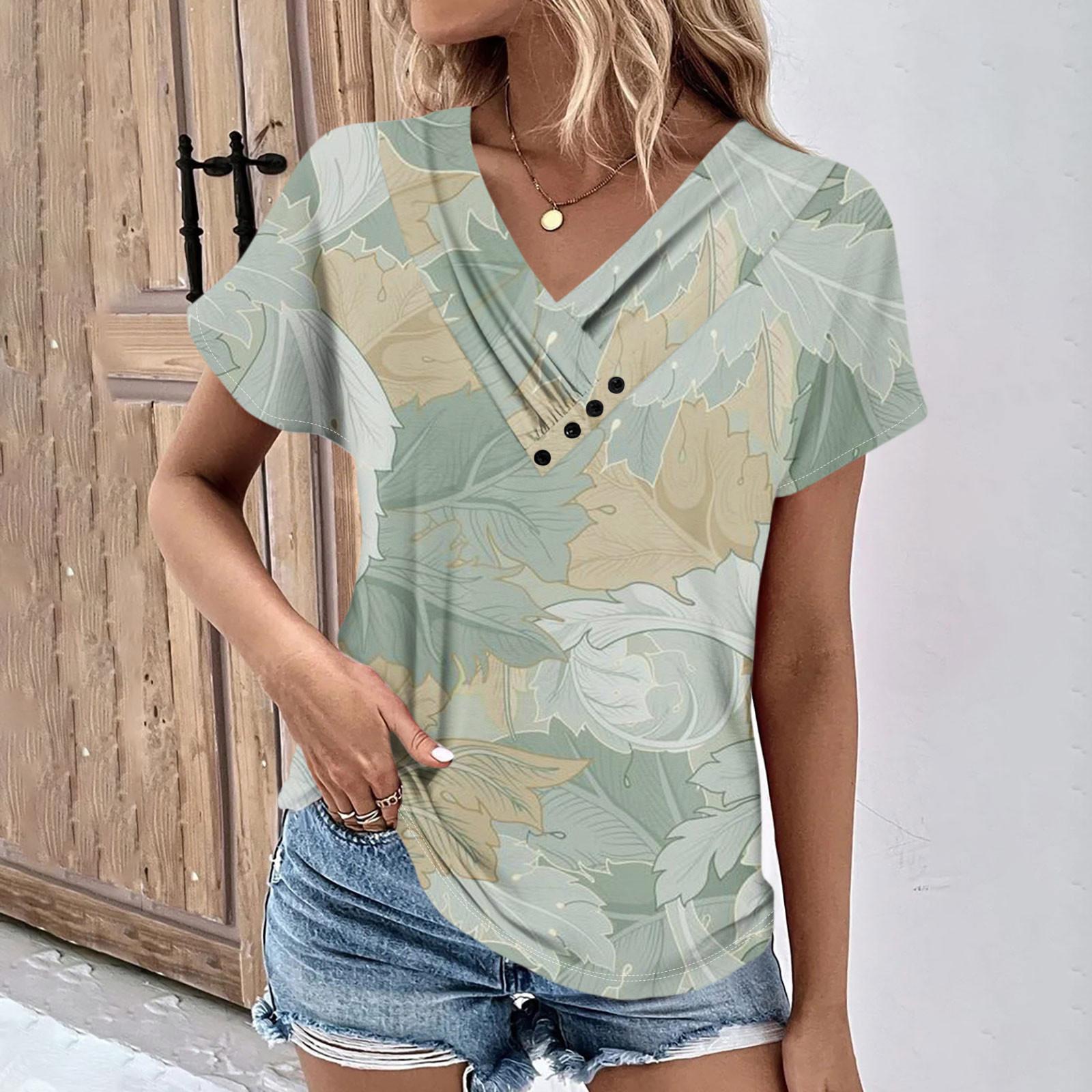 

Літні жіночі топи Квітковий візерунок для жінок Зручні жіночі футболки з V-подібним вирізом і короткими рукавами XL