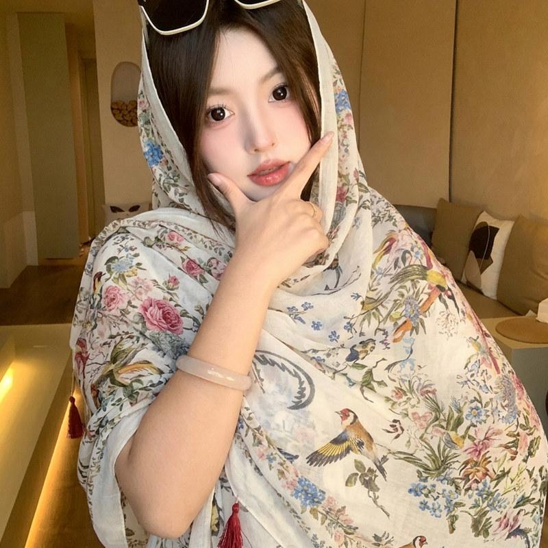 Small fresh white floral silk scarf women's summer travel buckle sunscreen large shawl beach towel thin yarn scarf scarf
