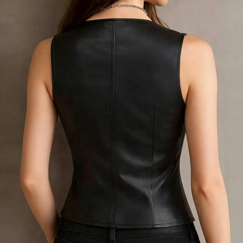 Womens PU Leather Vest Slim Fit Zipper Front Short Motorcycle Style Sleeveless Crop Top 2026