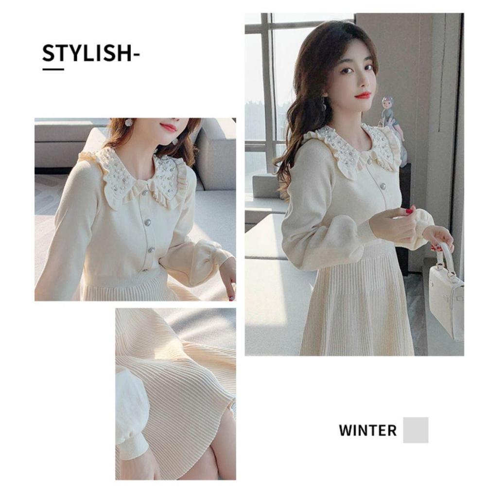 Beaded Petite Wool Knit Dress with Doll Collar for Women - Slimming, Age-Reducing Autumn Winter Layer