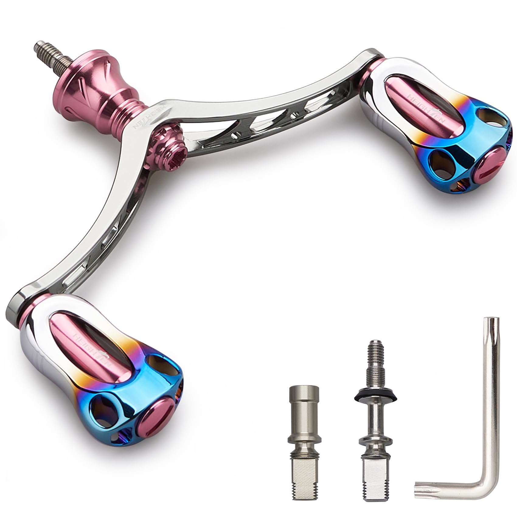 

HEIGHTEN 98mm Reel Handle with 22mm Knob for Shimano Daiwa Universal Spinning Reel Aurora Series (Gunmetal & Sakura Pink - Burnt Color) (848)