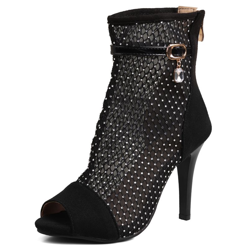 

Сексуальные женские босоножки с открытым носком из флока и замши, дышащая сетка, молния, ремешок с пряжкой, тонкий высокий каблук 10 см, большие размеры 44 45 46 39 чёрный