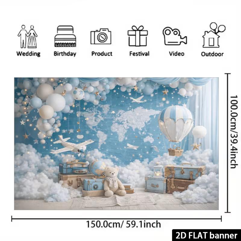 2D World Map & Airplane Backdrop with Bear & Suitcases Kids Birthday Party Photo Booth Background