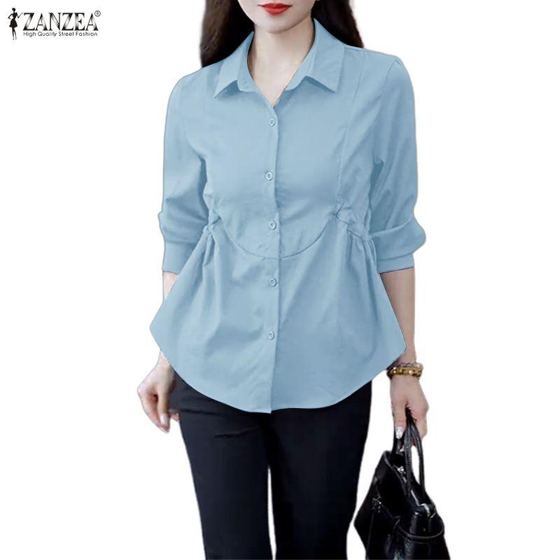 ZANZEA Women Casual Turn Down Collar Long Sleeve Plain Blouse