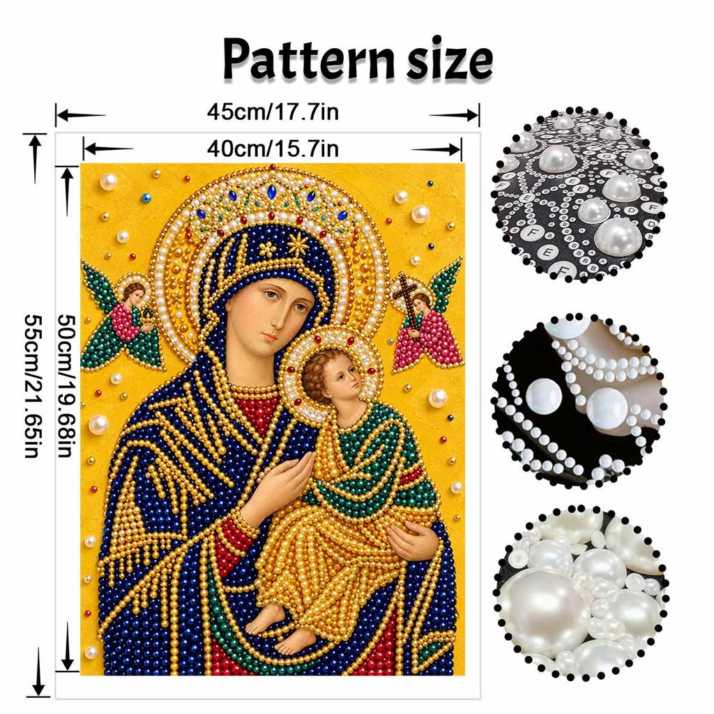 DIY Framed Pearl Bead Art Kit Religious Madonna and Child Pattern Sparkling Canvas Painting for Modern Room Wall Decor Gift