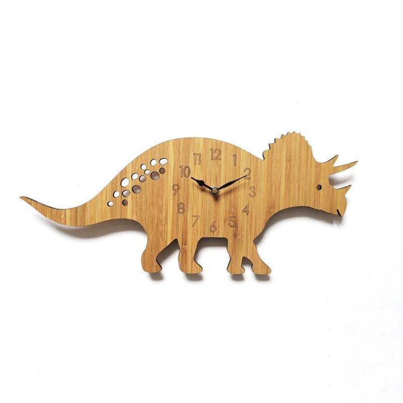 Forest Theme Bamboo Wood Cartoon Dinosaur Wall Clock Children's Room Decoration Tyrannosaurus Wood Animal Wall Clock Home Decor