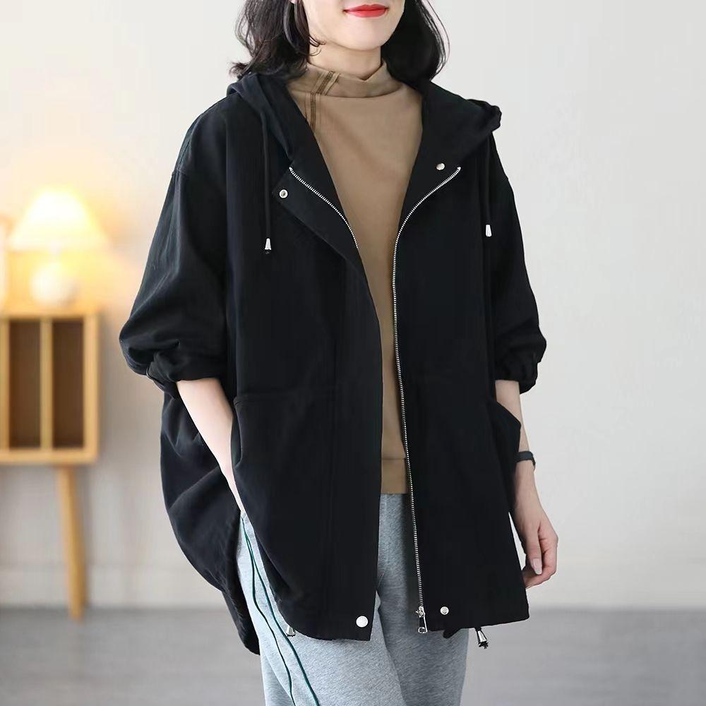 

Spring Autumn Plus Size Women s Hooded Zipper Section Medium Long Loose Thin Hooded Lapel Windbreaker Jacket 4XL чорний