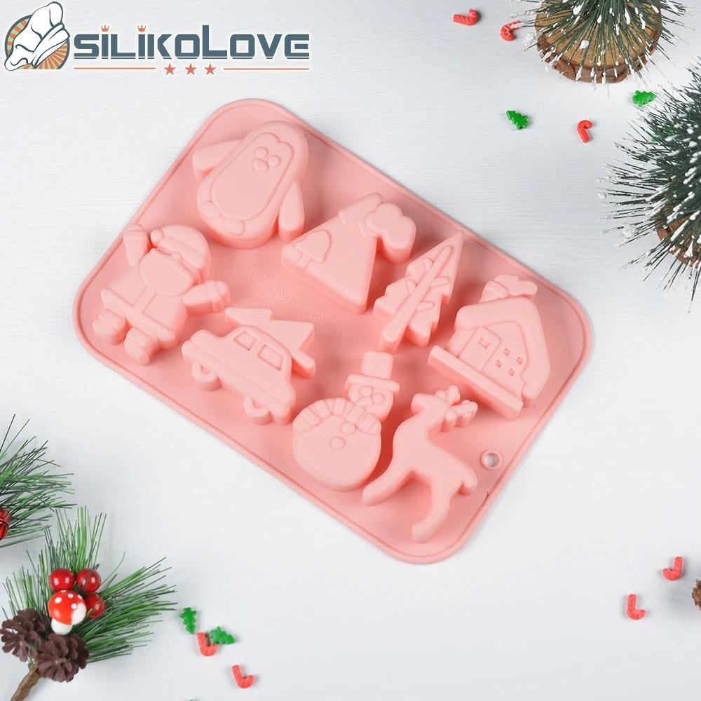 8 Companies of Christmas Themed Cake Molds, Such As Penguin House, Elk Car, Cartoon Festival Atmosphere Chocolate Silicone Mold
