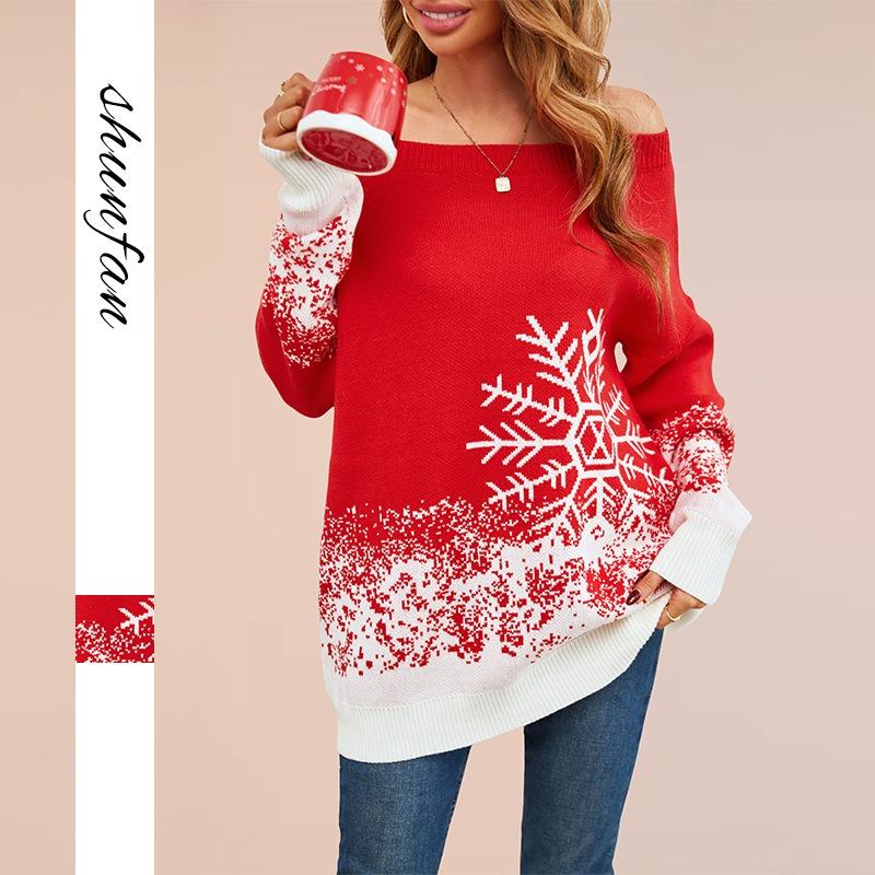 Hot Sale Little Snowflake Christmas Sweater Autumn and Winter Christmas Casual One-Neck Knitted Sweater Women