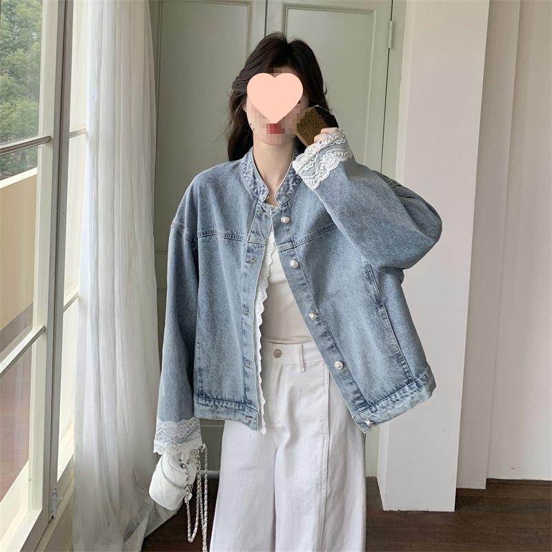 Women's Lace Patchwork Denim Jacket: Spring/Autumn 2025, Trendy Korean Style, Casual and Stylish.