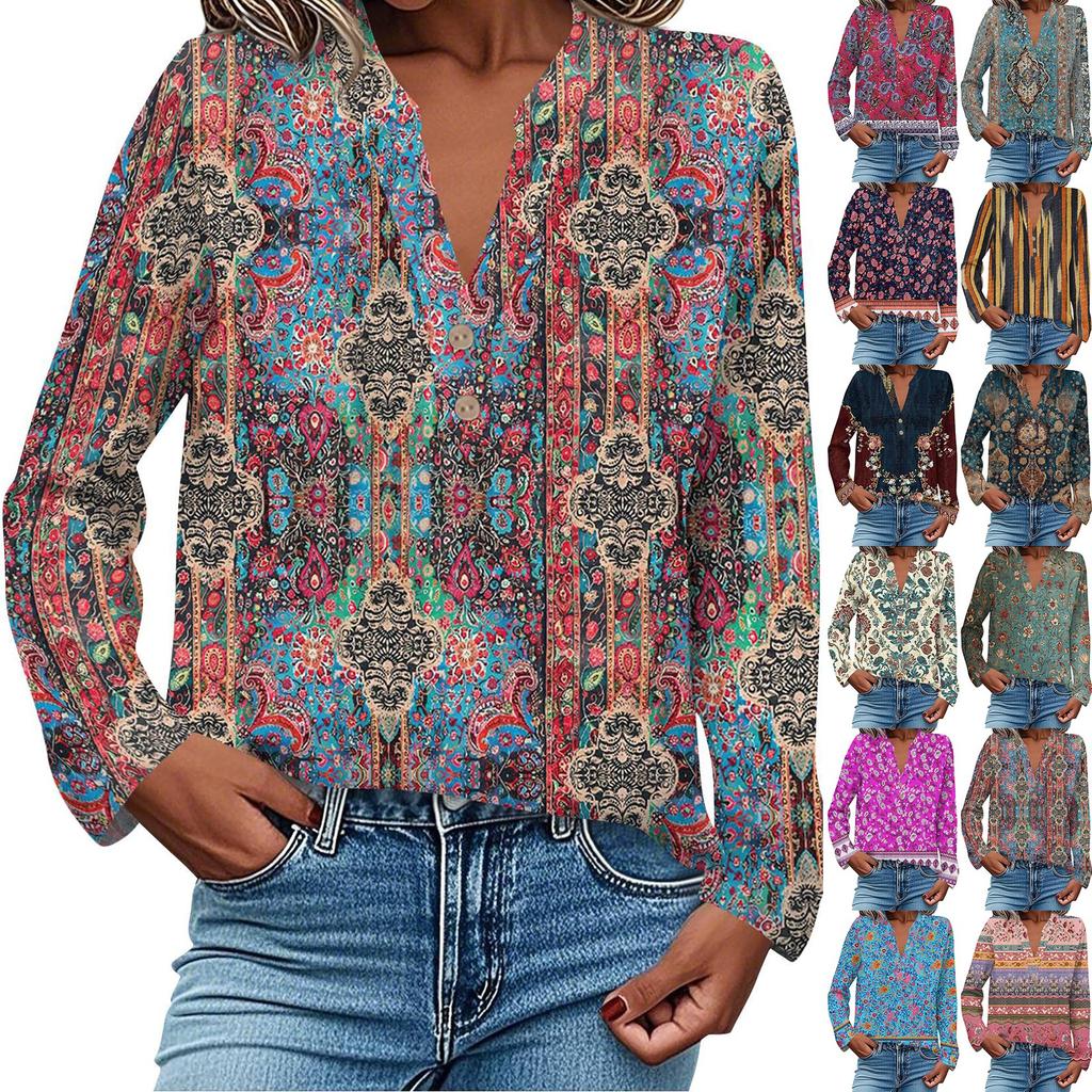 Women's Fashionable And Casual Shirt Long Sleeve V-neck Button Printed Blouse Top