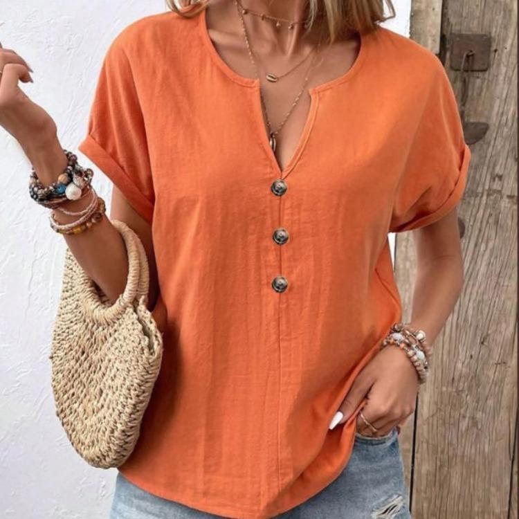 Women Summer Solid Color Short Sleeve V Neck Button Down Casual Top S оранжевый